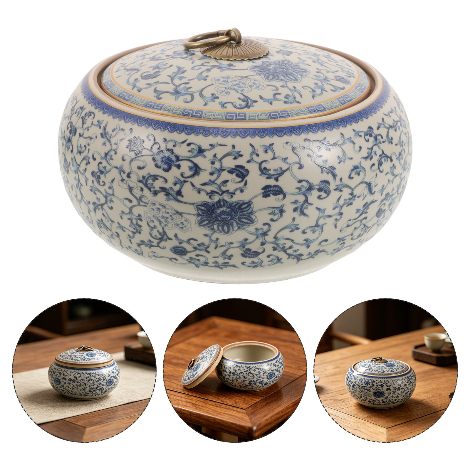 Coffee Tea Leaf And Bean - Porcelain Blue White Ceramic Canister Airtight